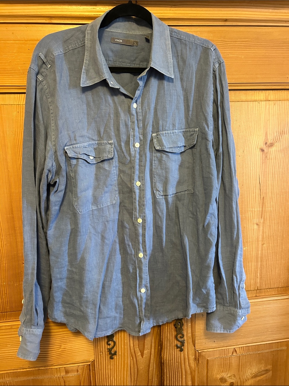 Men’s Vince Blue Linen Button-Front Long Sleeve Shirt L